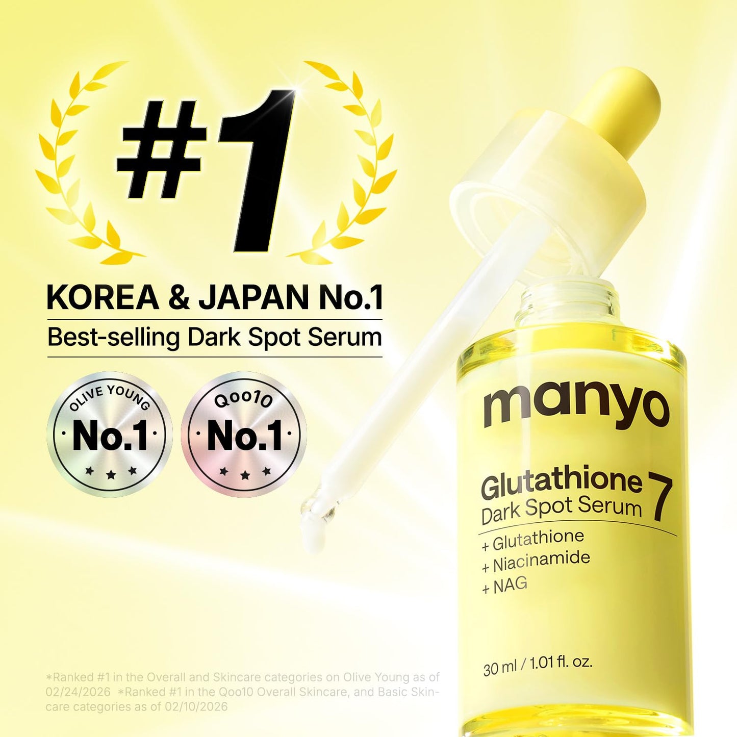 MANYO Glutathione 7 Dark Spot Serum, Niacinamide Serum for Uneven Skin Tone, Dark Spot Remover for Face & Radiance Booster, Korean Skincare, 1.01 Fl.Oz (30Ml)