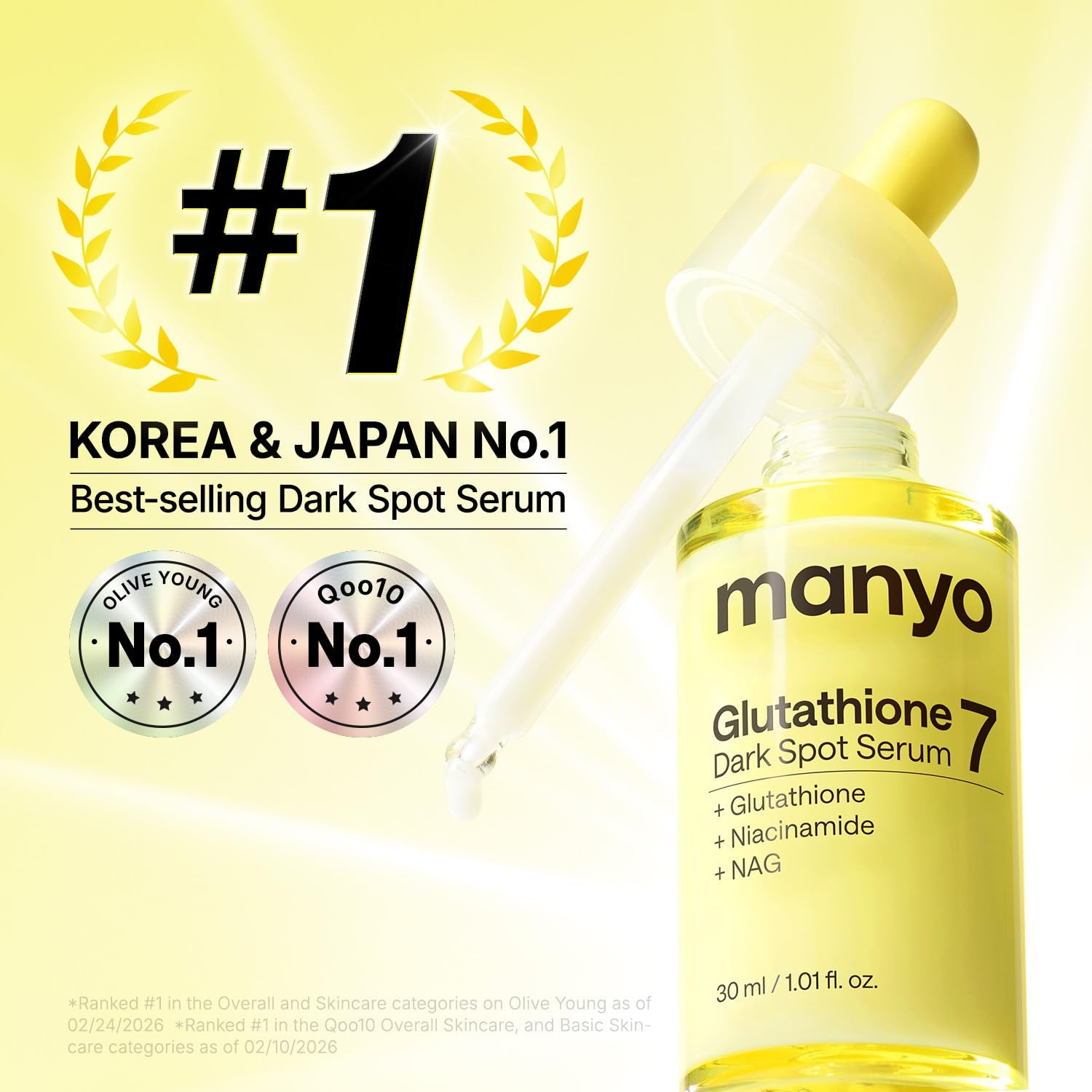 MANYO Glutathione 7 Dark Spot Serum, Niacinamide Serum for Uneven Skin Tone, Dark Spot Remover for Face & Radiance Booster, Korean Skincare, 1.01 Fl.Oz (30Ml)